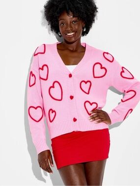 Women's Hearts Graphic Cardigan Sweater - Light Pink M